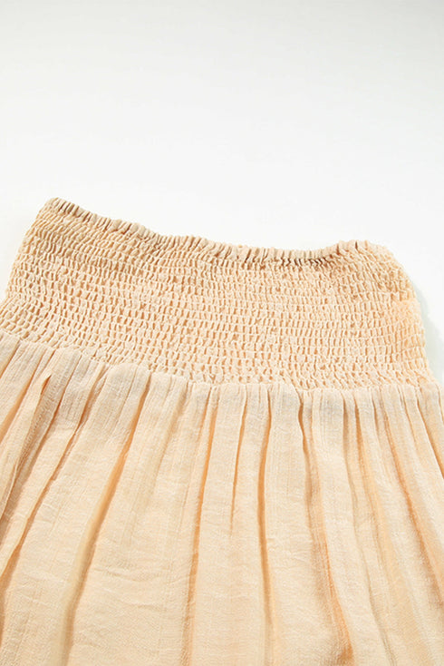 Smocked Waist High Slit Fringed Maxi Skirt