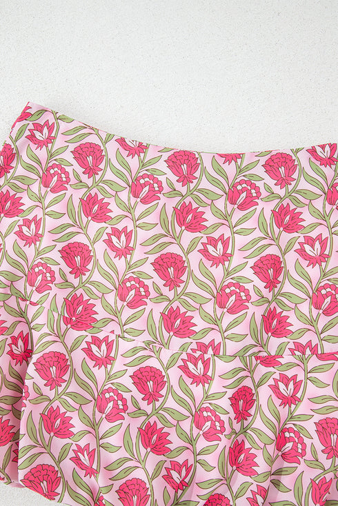 Bohemian Floral Print Puffy Cropped Mini Skirt Two Piece Dress