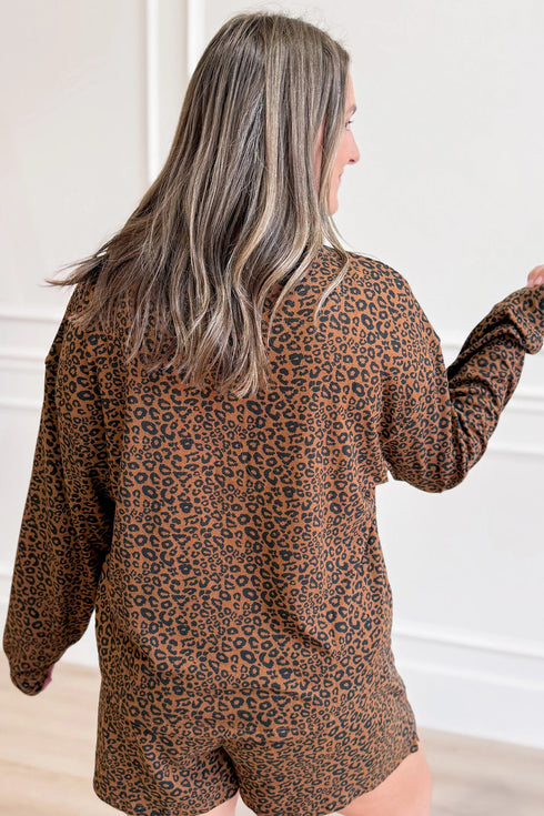 Leopard Print Long Sleeve Henley Top Elastic Waist Shorts Two Piece Outfit Short Set