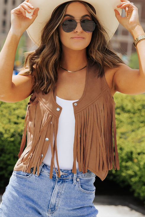 Western Fringed Suedette Faux Leather Snap Button Vest