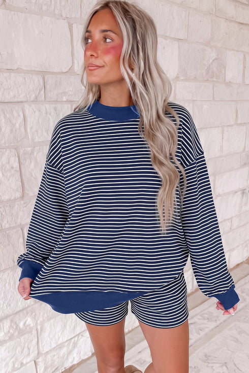 Ribbed Stripe Patchwork Mock Neck Baggy Pullover Short Set