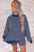 Striped Ribbed Patchwork Mock Neck Baggy Pullover Matching Short Set