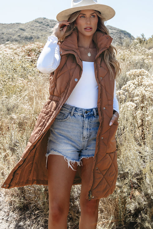 Casual Quilted Longline Stand Collar Puffer Vest