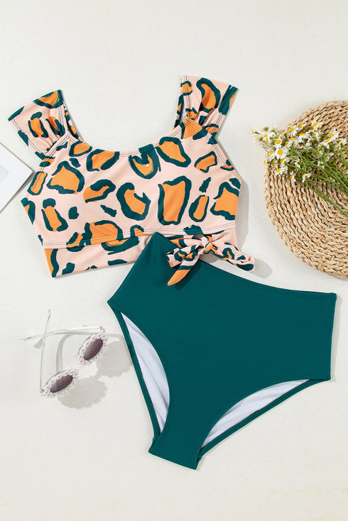 Abstract Print Cap Sleeve Tie Detail Bikini Set