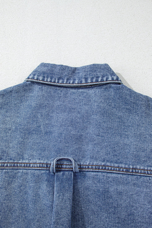 Solid Washed Button Up Elastic Hem Denim Vest