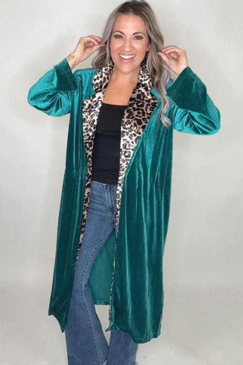 Leopard Print Velvet Lapel Collar Open Front Cardigan
