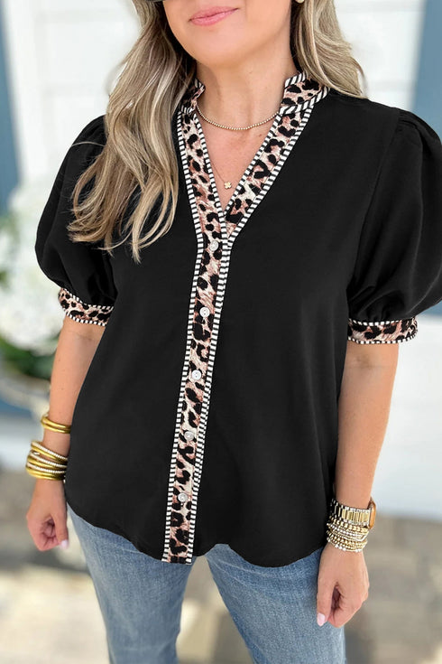 Mixed Pattern Trim Puff Sleeve Button Front Blouse