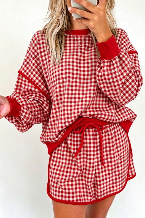 Gingham Ribbed Trim Crew Neck Dress Set