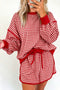 Gingham Ribbed Trim Crew Neck Dress Set