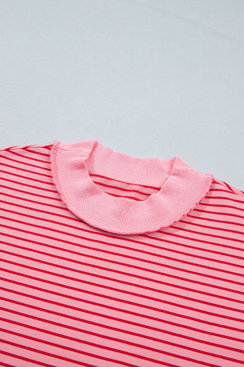 Striped Ribbed Patchwork Mock Neck Baggy Pullover Short Set