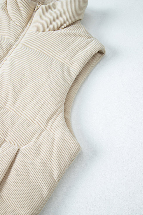 Textured Corduroy Stand Neck Zipped Puffer Vest