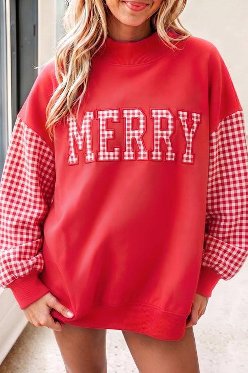 Gingham Pattern Applique Oversized Silhouette Pullover Sweatshirt