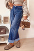 Cotton Denim Studded Straight Leg Loose Jeans