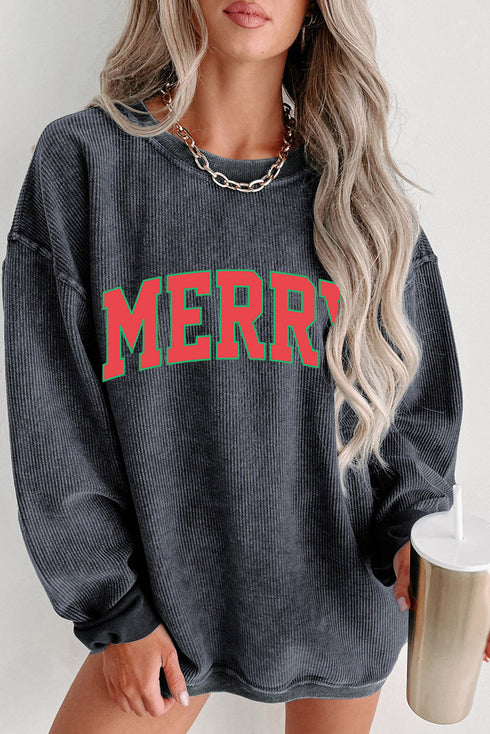 Festive Graphic Corded Texture Oversized Pullover Sweatshirt