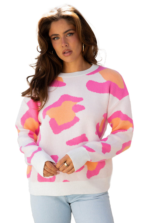 Abstract Animal Print Relaxed Crew Neck Knit Sweater