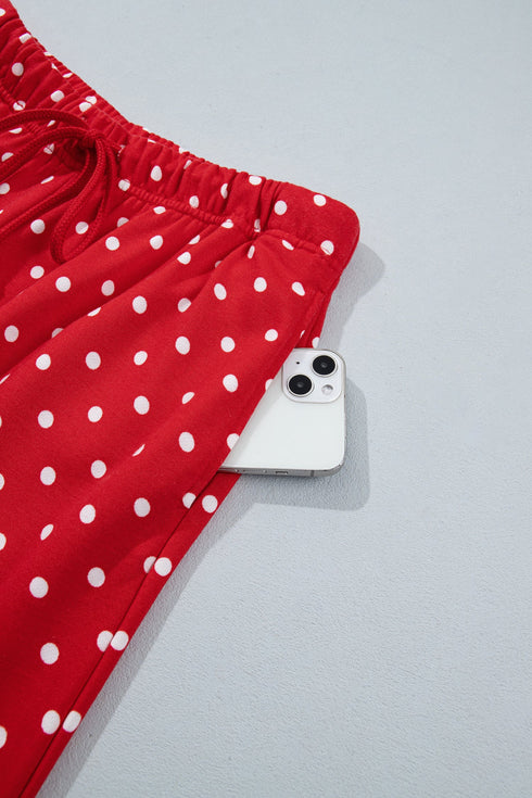 Polka Dot Drawstring Wide Leg Long Sleeve Pant Set