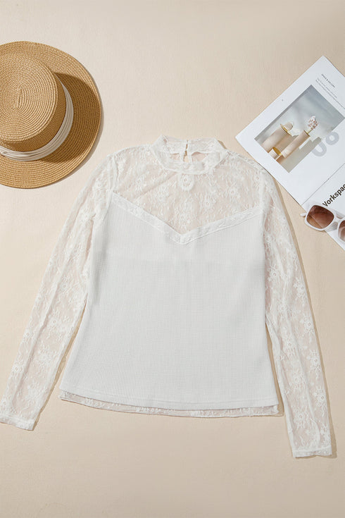 Lace Mesh Waffle Knit Long Sleeve Top