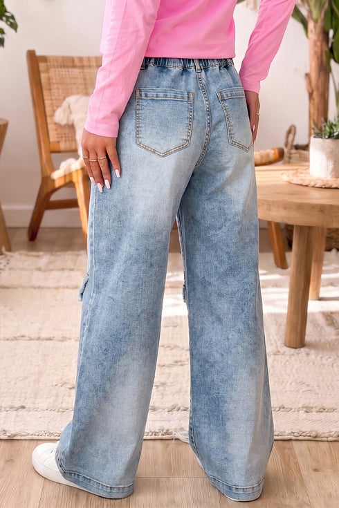 Frayed Studded Detail Wide Leg Pocketed Jeans