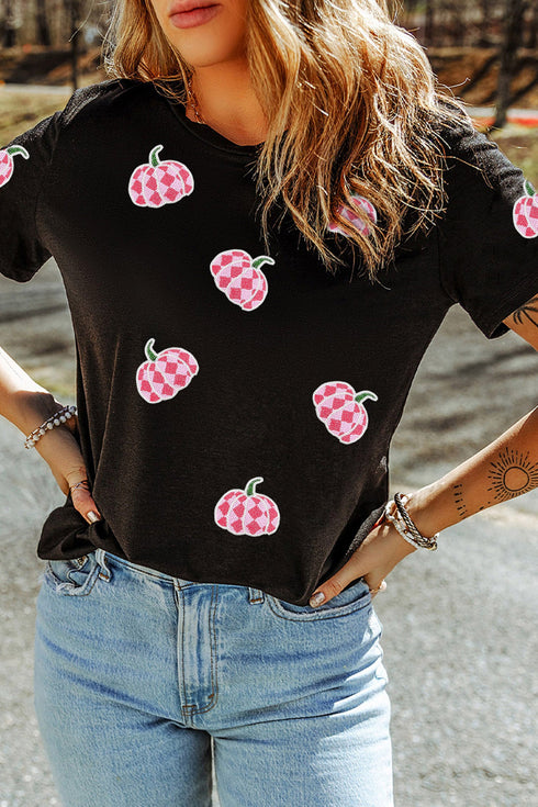 Sequin Plaid Pumpkin Graphic Round Neck Sweatshirt