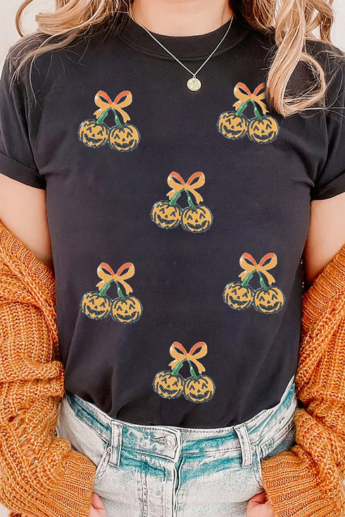 Sequin Pumpkin Cherry Graphic Round Neck Tee