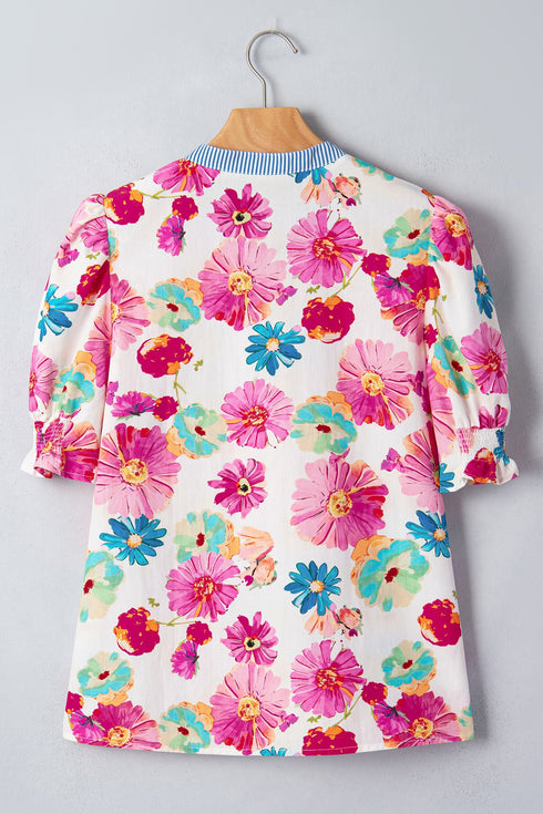 Floral Print Short Puff Sleeve Striped Trim V Neck Blouse