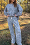 Abstract Floral Print Loose Pullover Drawstring Pants Two Piece Set