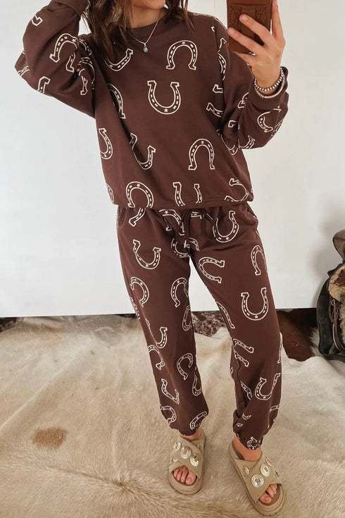 Western Print Elastic Waist Pocket Two Piece Pant Set