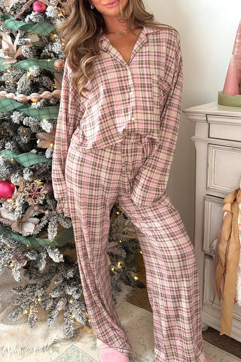 Plaid Patch Pocket Long Sleeve Lounge Set