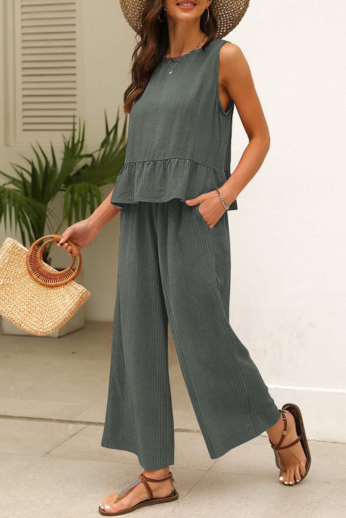 Textured Ribbed Ruffle Tank Top Wide Leg Pant Set