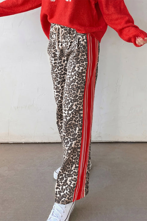 Denim Leopard Print Patchwork Elastic Waist Jeans
