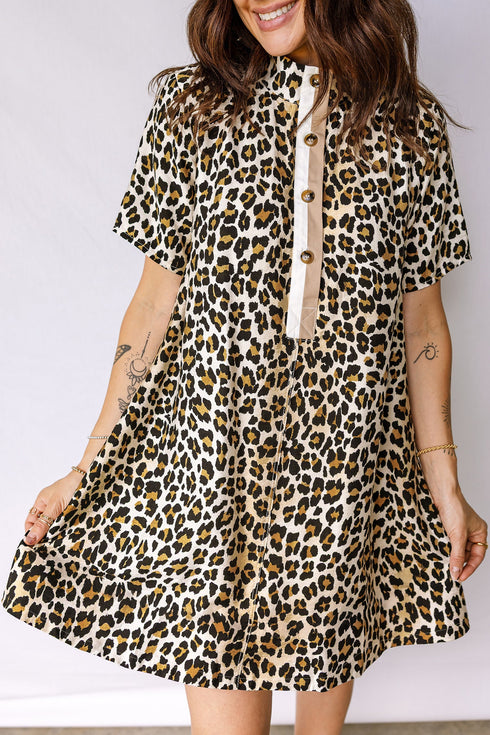 Leopard Print Half Button Short Sleeve Loose Mini Dress