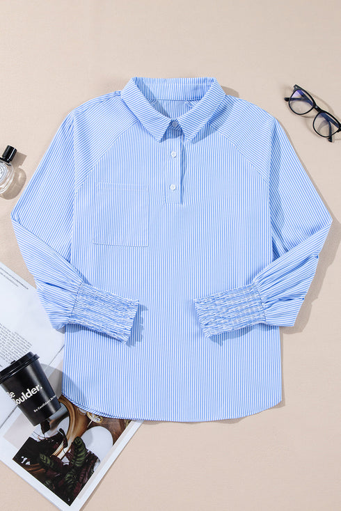 Tailored Pinstripe Button Front Smocked Cuff Blouse