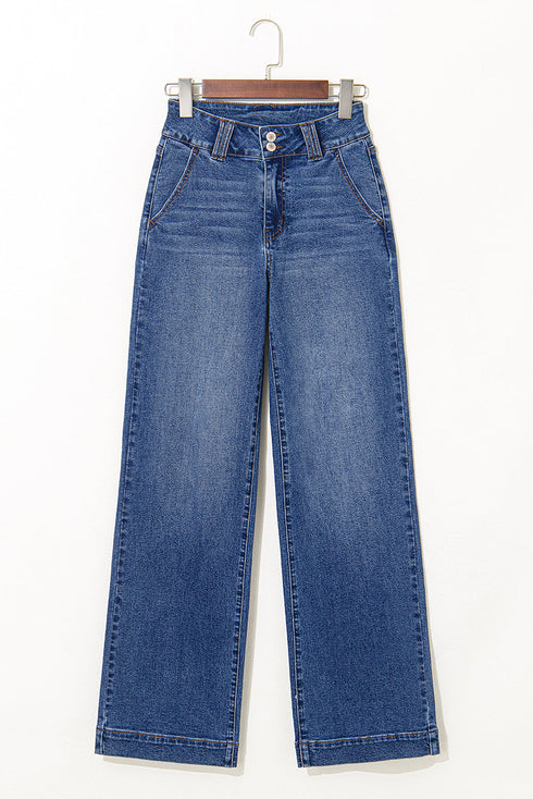 Double Button Zip Fly Wide Straight Leg Jeans