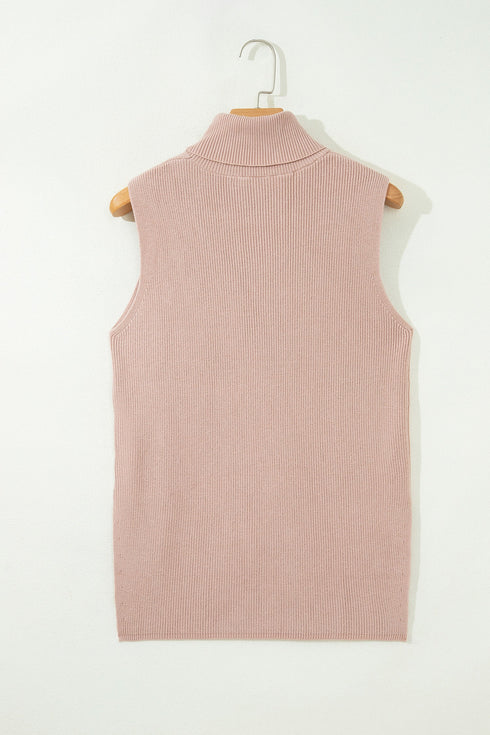 Split Hem High Neck Sleeveless Shift Sweater Vest