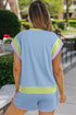 Casual Blocked Pattern Patchwork Cap Sleeve Short Set