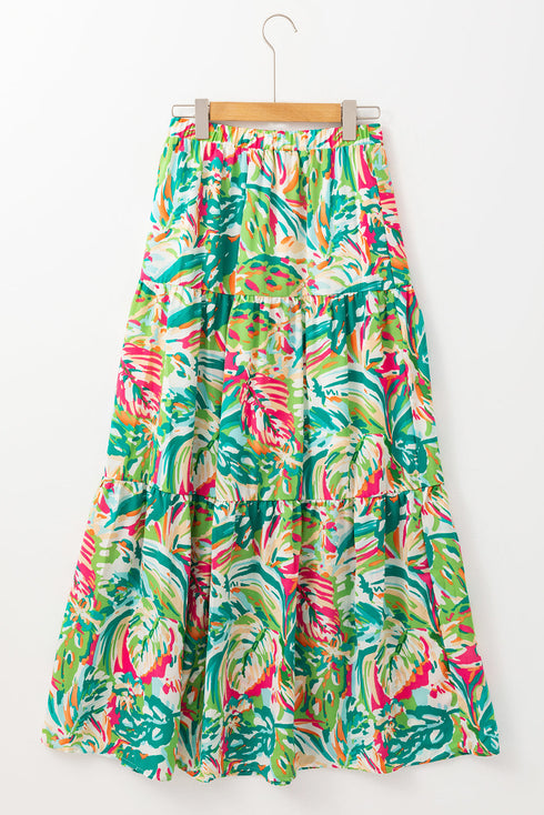 Bohemian Abstract Print High Waist Tiered Maxi Skirt