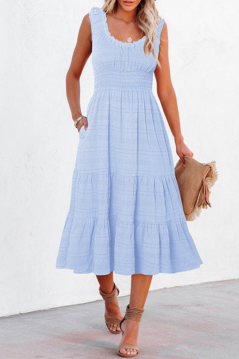 Elegant Shirred Pleated Square Neck Sleeveless Midi Dress