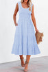 Elegant Shirred Pleated Square Neck Sleeveless Midi Dress