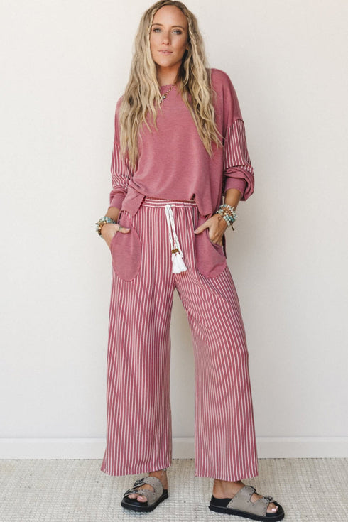 Raw Seam Patchwork Long Sleeve Top Pocket Two Piece Pant Set