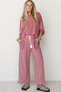 Raw Seam Patchwork Long Sleeve Top Pocketed Wide Leg Pant Set