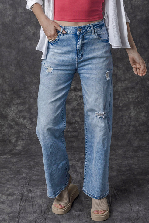 Chic High Rise Distressed Wide Leg Denim Jeans