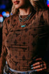 Retro Western Print Mesh Long Sleeve Sheath Top