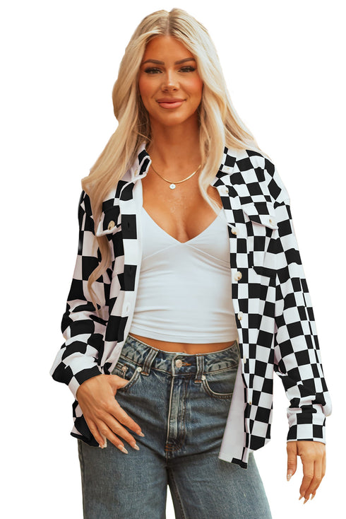 Checkered Print Flap Pocket Button Front Shacket
