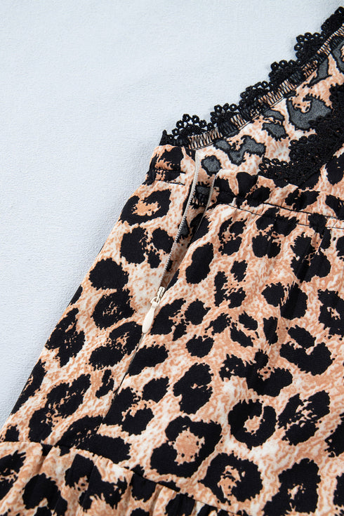 Western Leopard Print Lace Trim Ruffled Wide Leg Jumpsuit