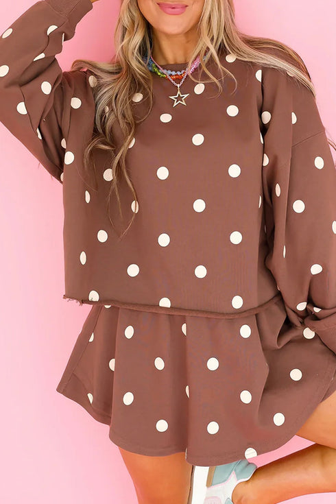 Polka Dot Raw Hem Relaxed Pullover Coordinated Short Set