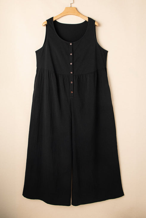 Solid Sleeveless Button Front Loose H Line Jumpsuit