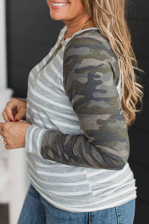 Camo Sleeve Striped Panel Round Neck Long Sleeve Top