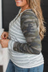 Striped Camo Sleeve Round Neck Long Top