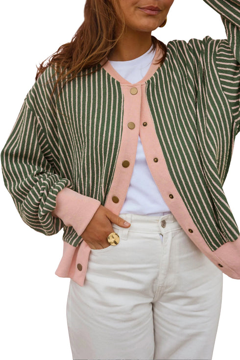 Striped Patchwork V Neck Long Sleeve Cardigan