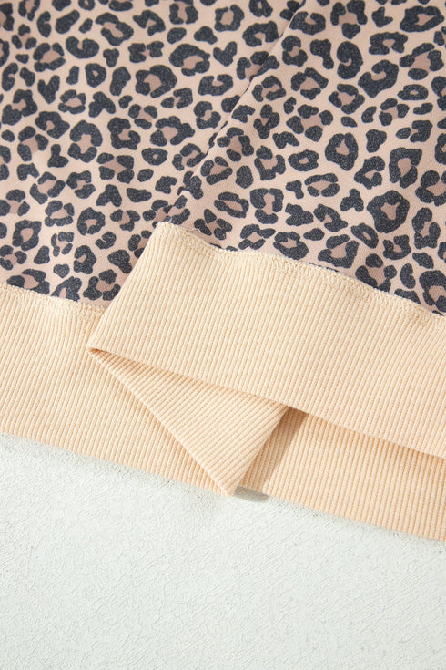 Leopard Print High Neck Long Sleeve Ribbed Cuffs Hem Sweatshirt